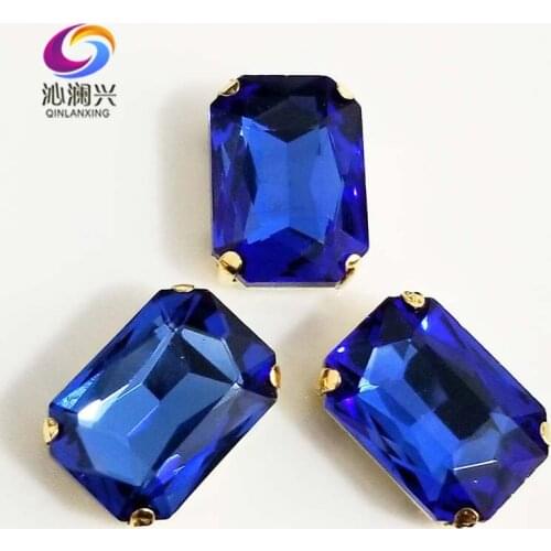 Free shipping Light blue Rectangle shape gold bottom Glass Crystal sew on claw rhinstone,Diy/Clothing accessorie SWCG11