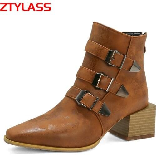 Fashion Zipper Snake Print Motorcycle Boots Women Buckle Thick High Heel Ankle Boots Autumn Winter Square Toe Shoes Woman