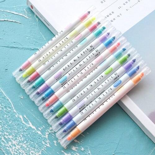 12Pcs/set Double-headed Highlighter Pens Cute Korean Type With Candy Color Fluorescent Highlighter Pen Water Color Marker Pen