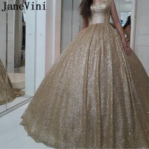 JaneVini Sparkle Gold Ball Gown Plus Size Prom Dresses Sweetheart Sequined Big Bow Back Sweep Train Dubai Luxury Evening Gowns