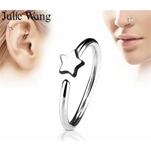 Julie Wang 4PCS 10mm Stainless Steel Heart Star Nose Rings Hoop Mixed Colors Septum Piercing Clip Steampunk Women Body Jewelry