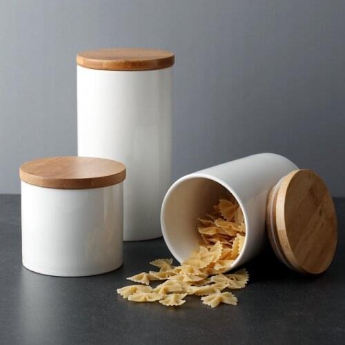 Ceramic Sealed Storage Can with Bamboo Cover Creative Spices Jar Sugar Coffee Container Box Grains Nuts Tank Kitchen Organizer