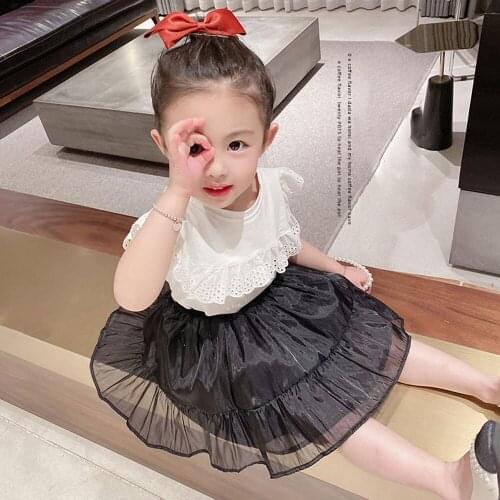 Summer Cute Baby Girls Lace T-Shirt Tops+Tulle Skirt 2Pcs Set Kids Clothes Suit Sleeveless Shirts Casual Children Clothing