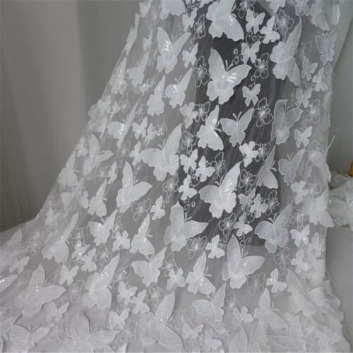 Tulle lace 3D Butterfly Fabric Wedding White Embroidery Lace Fabric Sequins For Dress Lace Accessories 53.1" Wide