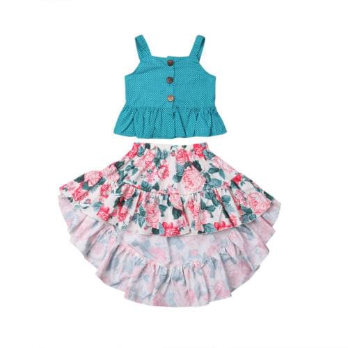 1-7Years Summer Kid Baby Girl Princess Button Sleeveless Top + Floral Skirt 2pcs Outfits