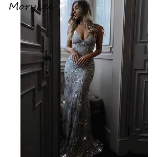 Fashion Evening Dresses V-Neck Spaghetti Starps Tulle Sequins Lace Applique Mermaid Evening Dress vestidos de fiesta de noche