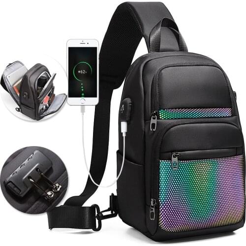 2020 Colorful fluorescence Men Chest Bag USB charging Shoulder bag Anti-theft lock Sling bag travel Crossbody Bag Messenger Bag