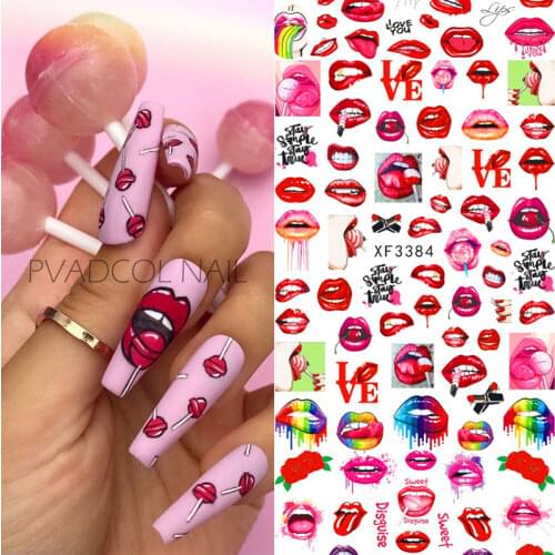 Nail Art Stickers Red Lips Nails Decals Sticker Hot Sexy Girl Tip Back Glue Decal Cool Lollipop Self Adhesive Acrylic Tips Tool