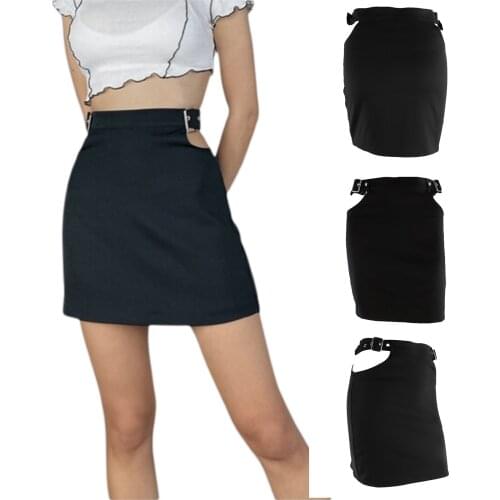 New Punk Clothes Skirts Harajuku High Waist Hollow Out Belt Solid Color Black Bodycon Mini Skirts Women Mini Skirts 2021