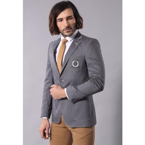Striped Emblemed Light Grey Blazer