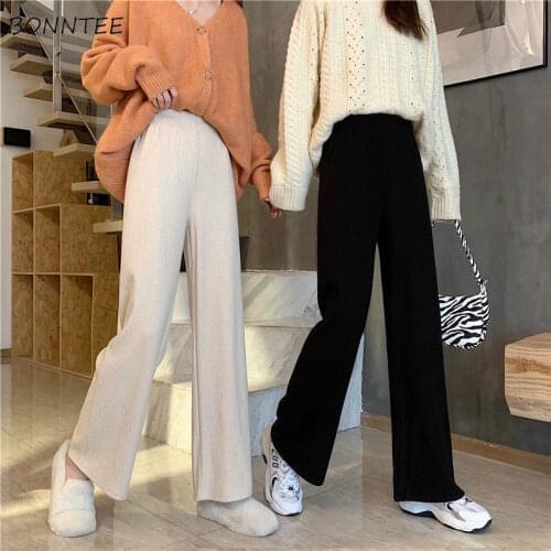 Casual Pants Loose Elastic Waist Wide-leg Full Length Solid Simple Knitted Spring Korean Style Comfort Slacks Trousers Summer