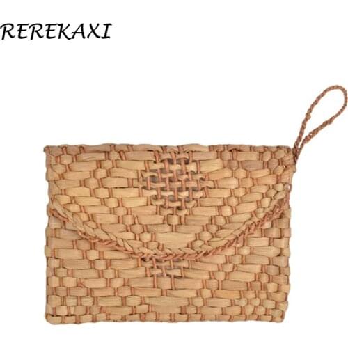Handmade Womens Clutch Bohemian Straw Bag Summer Woven Beach Bags Rattan Woven Female Handbag Knitted Evening Bag Flip Purse