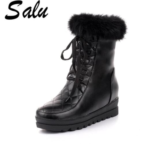 Salu 2020 new Women boots Winter Warm Snow Boots Ladies Sweet Style Mid Calf Botas Woman Round Toe Flat lace up Shoes