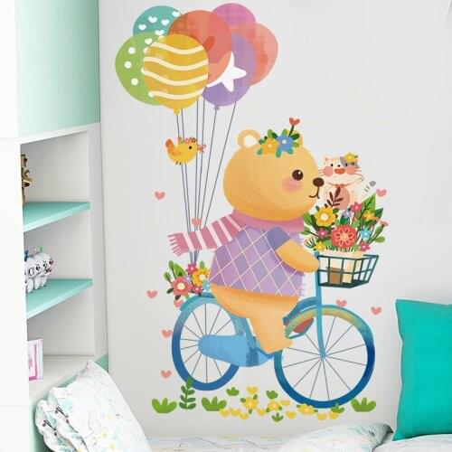 [SHIJUEHEZI] Cartoon Bear Animal Wall Stickers DIY Balloons Bike Mural Decals for Kids Room Baby Bedroom Nursery Home Decoration