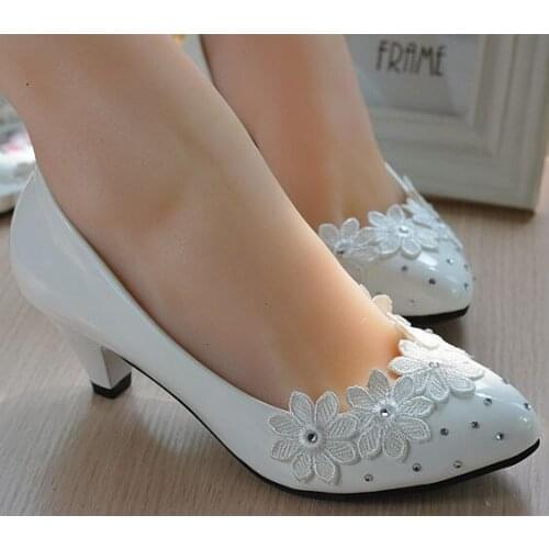 Plus sizes Fashion white wedding shoes for woman med heel pumps lace rhinestones low high heel bridal shoes on sales