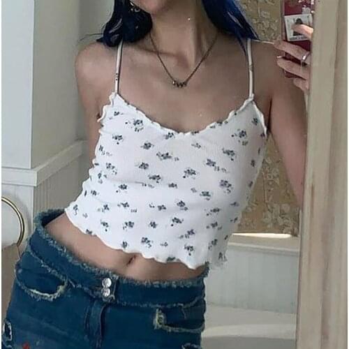 Y2K V Neck Ribbed Waatfaak Flower Printed V Neck Camisole Cute Spaghetti Crop Top Sleeveless Woman Summer White Tops Casual