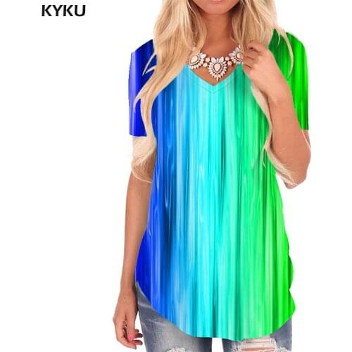 KYKU Rainbow T Shirt Women Colorful Tshirts Printed Raindrop Shirt Print Harajuku V-neck Tshirt Womens Clothing Fashion Cool