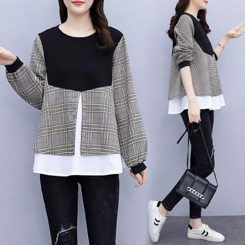 Large size womens clothing spring fake two-piece Pullovers plaid stitching top loose Streetwear fashion Clothes for Women