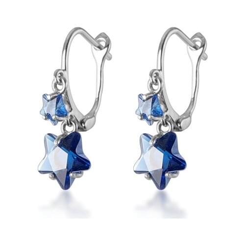MloveAcc 925 Sterling Silver Blue Crystal Cute Star Hoop Earrings for Girls Women Beautiful Loop Huggies Earring Korea Jewelry