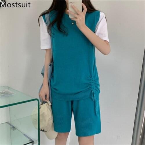 2021 Summer Knitted Two Piece Shorts Set Women Sleeveless Pullover + Shorts Tracksuits Casual Korean Fashion Solid Matching Set