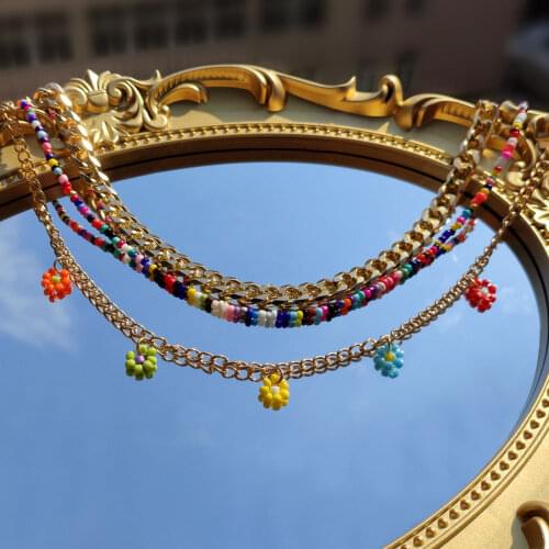JUST FEEL Korean Sweet Colorful Beads Flowers Clavicle Necklace For Women Multi-layer Metal Link Chain Choker Necklace Jewelry