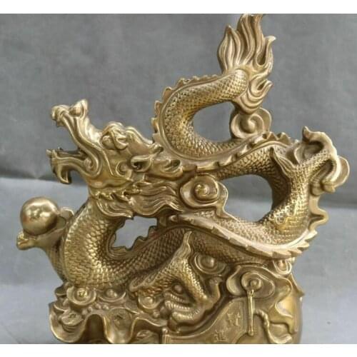 11" Chinese Bronze Feng Shui Dragon loong Guardian Beast Play Beads Statue