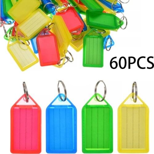 60pcs Plastic Multi-Color Label Key Chains Luggage ID Tags Key Fob with Split Ring Paper Card Slidable Protective Cover Key Ring