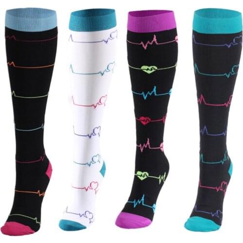 Breathable Sport Cycling Socks Compression Knee High Calf Running Hiking Basketball Soccer Stockings Men Women EKG Curve