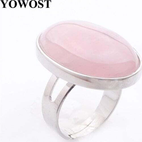 Beautiful Jewelry Party Ring Silver Color Natural Cabochon stone Bead Rose Quartzs Adjustable Finger Rings for Women Gift QX3073