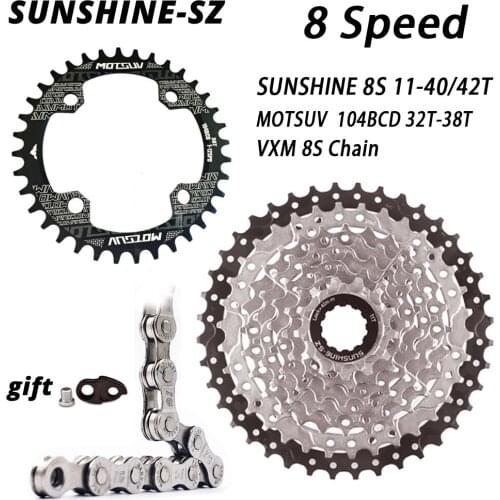 SUNSHINE New MTB Road bike 8speed Bike Freewheel 11-40T 42T Cassette Flywheel 104BCD Chainring 32T 34T 36T 38T VXM 8S Chain