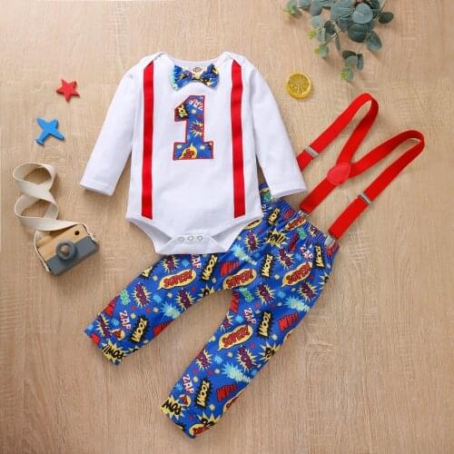 Newborn Baby Girl Boy Long Sleeve Cartoon Bowtie Romper Suspender Pants One Year Old Birthday Party Outfits Set 1 Year First