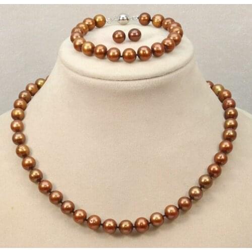 Genuine 7-8mm Natural Coffee Freshwater Pearl Necklace Bracelet Earrings Set