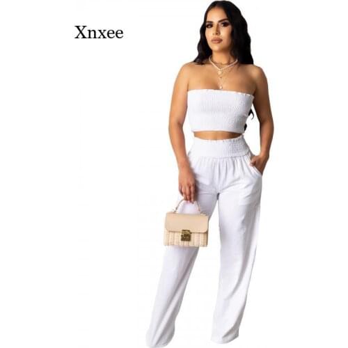 Summer Fashion Womens 2-Piece Solid Color Pleated Tube Top and High-Waist Wide-Leg Pants Suit