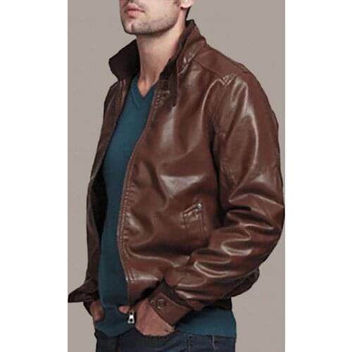 Men Jacket Zipper Closure Stand Collar Stylish Faux Leather Solid Color Slim Fit Motorcycle Coats Casual Cool Warm Outerwear