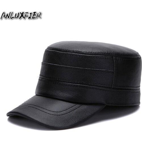 B-7276 Men Genuine Leather Hats Adult Winter Warm Natural Skin Hats Brown Black Cap Father Fashion Hats