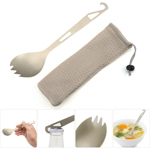 Outdoor Multi-function Titanium Fork Spoon Tool Storage With Bag Camp Bottle Opener Outdoor Picnic Tableware Backpacking