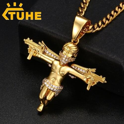 New UZI Kolye GUN Shape Double Gun Cross Pendant Iced Out Micro Pave CZ Stone Pendant Necklace Faith Jewelry For Men Hip Hop