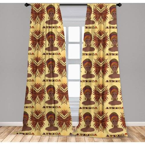 Orange Cream African Curtains Woman in Traditional Turban and Palms Cultural Folk Window Treatments for Living Room Bedroom