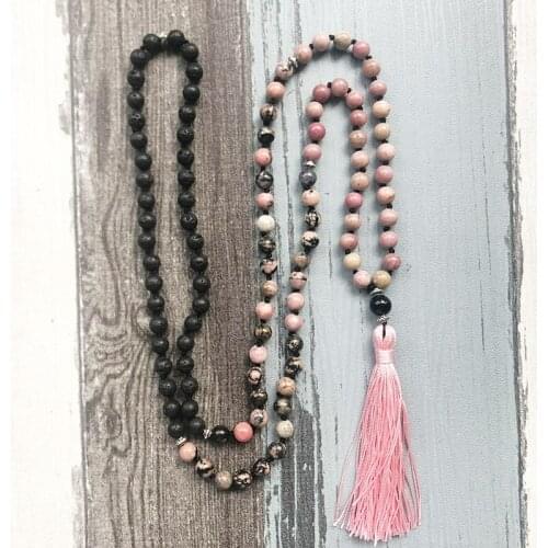 Pink Black Rhodonite Lava Stone Mala Necklaces Knotted 108 Beads Mala Necklace Handmade Long Tassel Necklace Gift For GirlFriend
