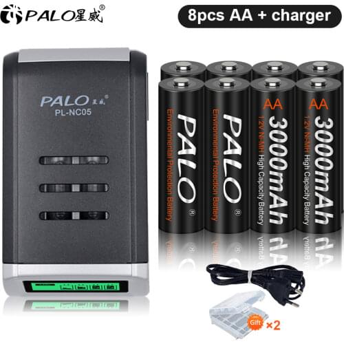 PALO 1.2V NI-MH AA rechargeable battery 3000mah aa batteries + LCD Smart AA battery charger for 1.2v Rechargeable AA Battery AAA