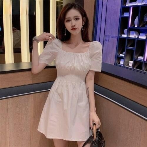 Dress Women 5 Quarter Square Collar Stretchy Solid Slim Summer Dresses A-line Sexy Elastic Waist Palace Style Empire Above-knee