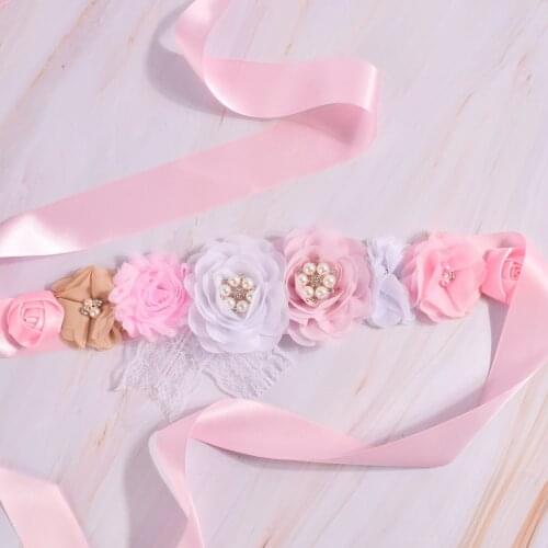 Purtulle Maternity Sash Women Pink/White Flower Sash Pregnancy Belly Belt Bridal Ribbon Cummerbunds Wedding Dress Waist Belt