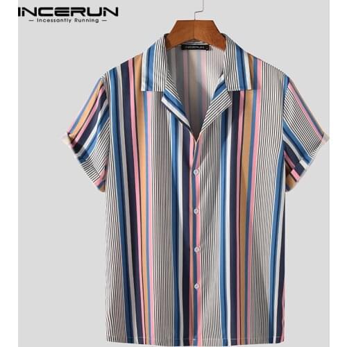Summer Men Casual Shirt Striped Lapel Short Sleeve Vacation Hawaiian Shirts Breathable Streetwear 2021 Vintage Camisas INCERUN