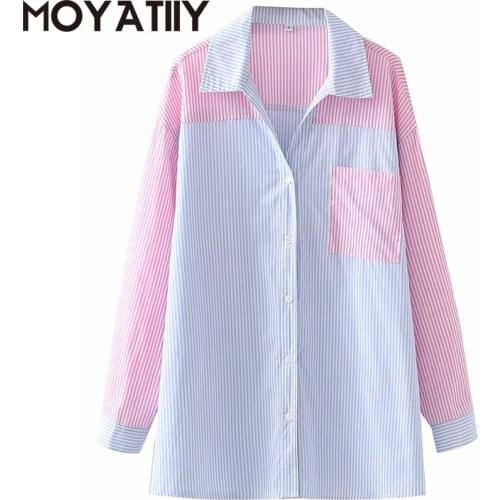 MOYATIIY Fashion Women Casual Long Shirts Oversize Loose Patchwork Shirts Boyfriend Style Spring Summer Female Tops for Beach