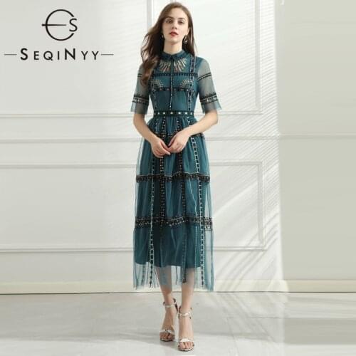 SEQINYY Blue Vintage Dress Mesh Summer Spring New Fashion Design Women High Quality Embroidery Flowers A-line Elegant Midi