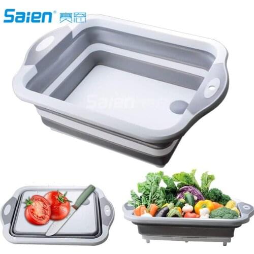 Collapsible Cutting Board with Colander, Foldable Multifunction Camping Sink, Plastic Silicone Dish Tub, Fruits Vegetables Wash