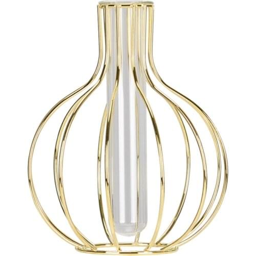 Glass Flower Vase with Metal Frame,Test Tube Vase for Hydroponic Plant,Vase for Home Kitchen Office Table Top Decor,Gold