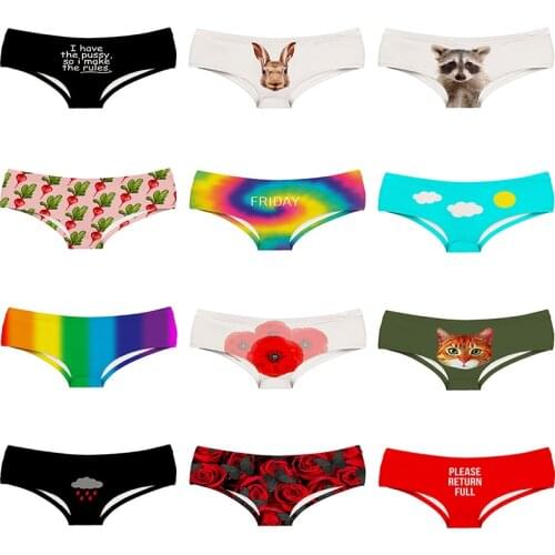 Medium Waist Printed Polyester Underwear for Ladies Women Panties with Rabbit Racoon Rose Rainbow Girl Briefs