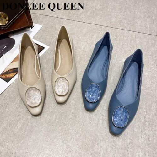 Flats Shoes Women Low Heel Ballet Pointed Toe Shallow Brand Metal Buckle Shoes Slip On Loafer Female Dress Shoe Zapatos De Mujer