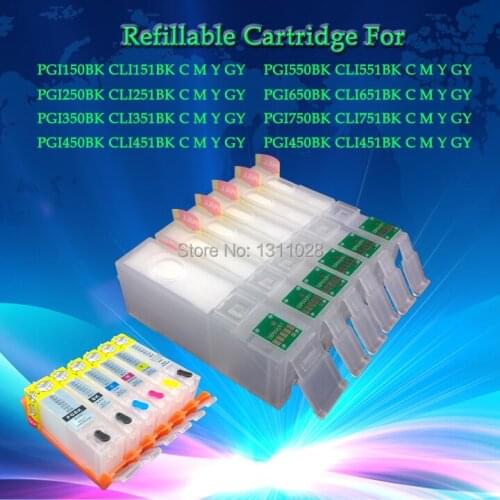INK WAY PGI-850 CLI-851Chipped Refillable Cartridges for PGI-850BK CLI-851BK C M Y GY for PIXMA MG6380, 1 SET, 6 PCS